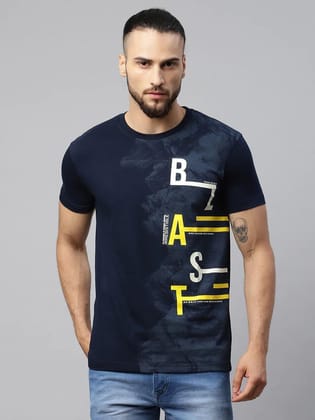 Rodamo  Men Navy Blue Typography Printed Raw Edge Slim Fit T-shirt