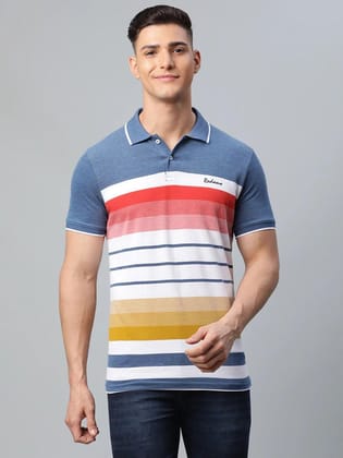 Rodamo  Men White  Blue Striped Polo Collar Slim Fit T-shirt