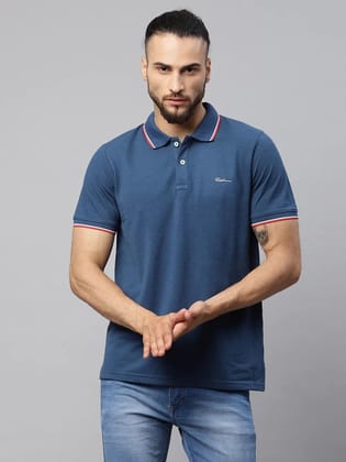 Rodamo  Men Blue Polo Collar Applique T-shirt