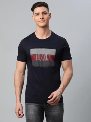 Rodamo  Men Navy Blue Typography Printed Slim Fit T-shirt
