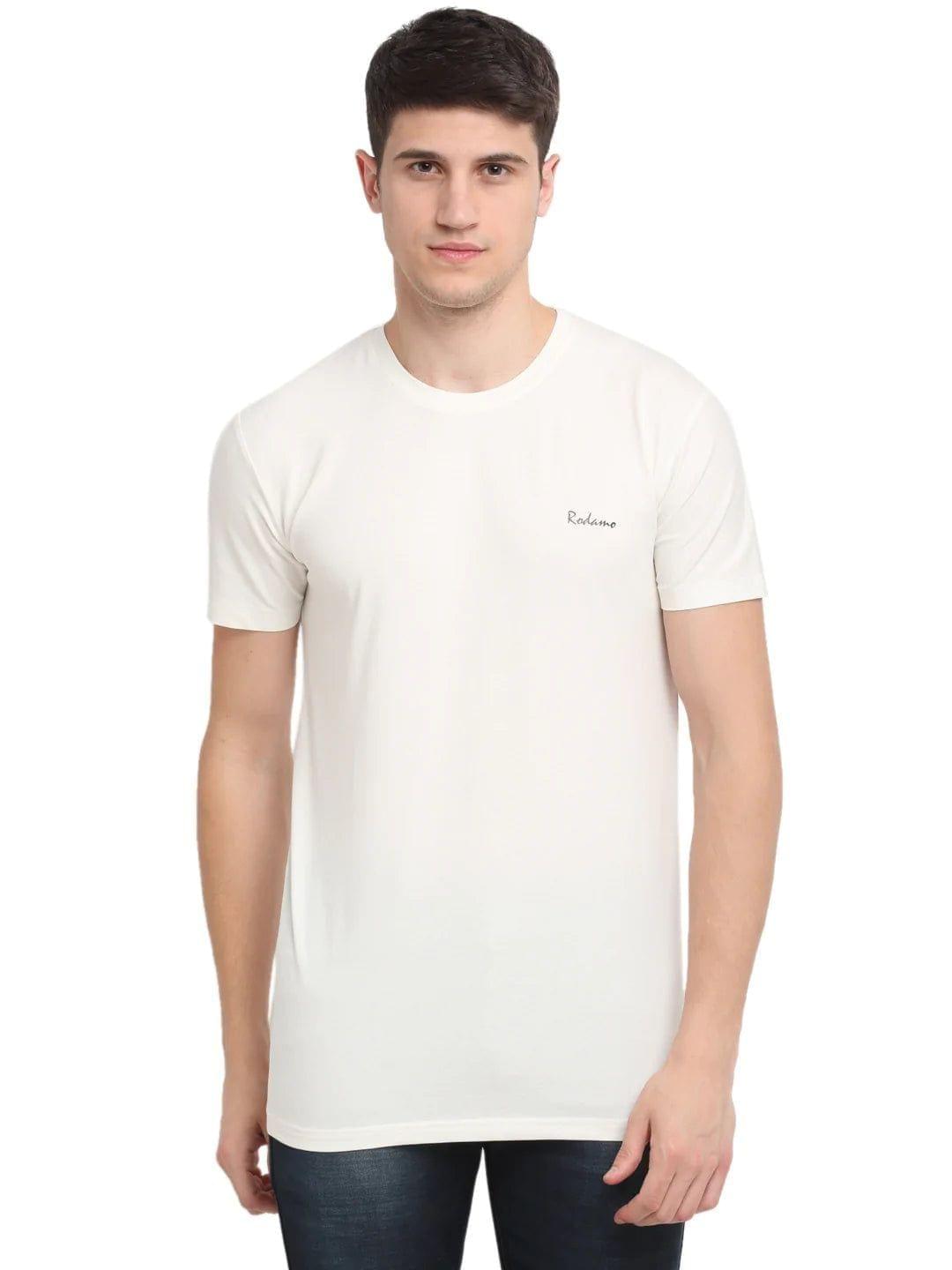 Rodamo  Men White Solid Round Neck T-shirt