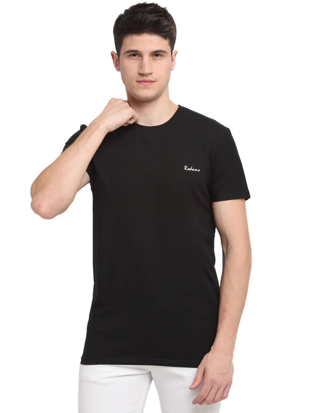 Rodamo  Men Black Solid Round Neck T-shirt