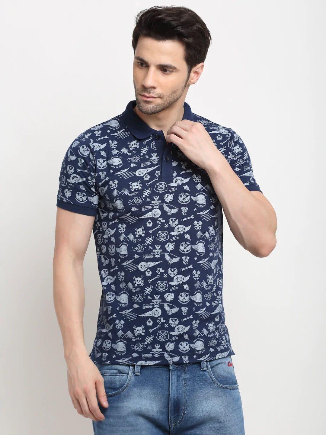 Rodamo  Men Navy Blue  White Printed Polo Collar Slim Fit T-shirt