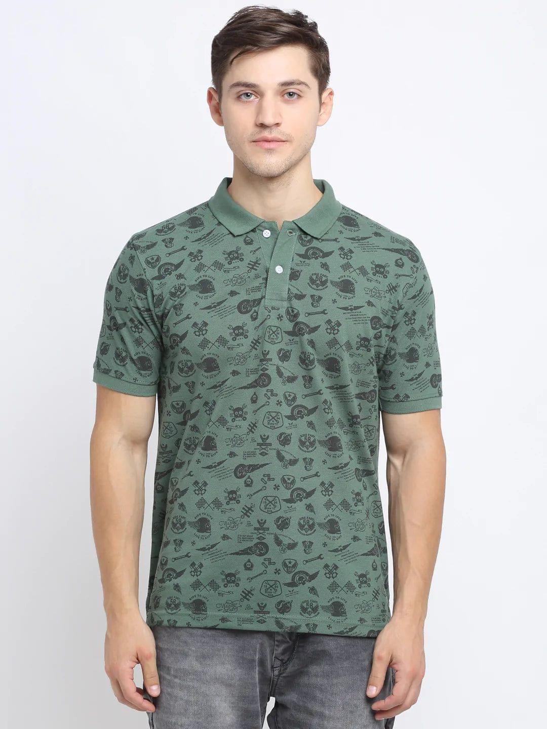 Rodamo  Men Green  Black Printed Polo Collar T-shirt