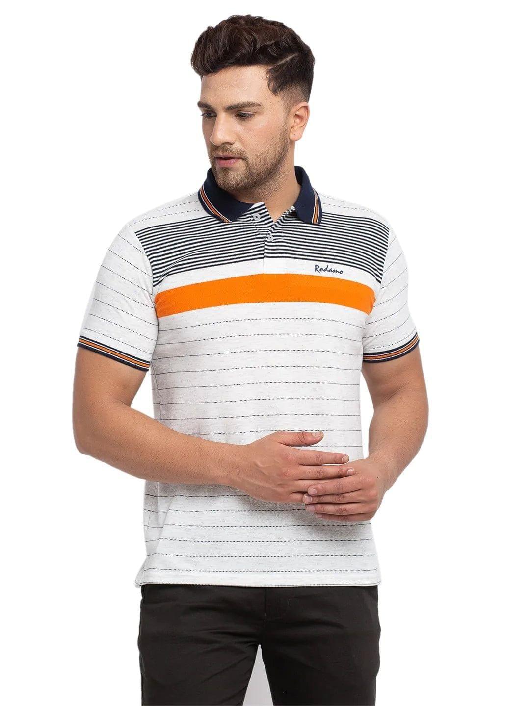 Rodamo  Men Off-White Striped Polo Collar T-shirt