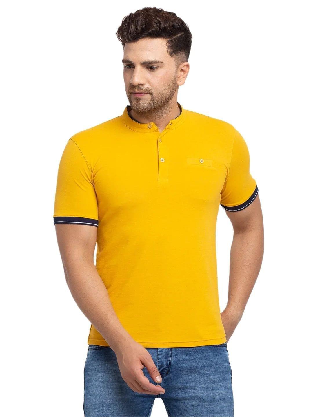 Rodamo  Men Mustard Yellow Solid Mandarin Collar T-shirt