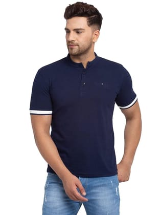 Rodamo  Men Navy Blue Solid Henley Neck T-shirt