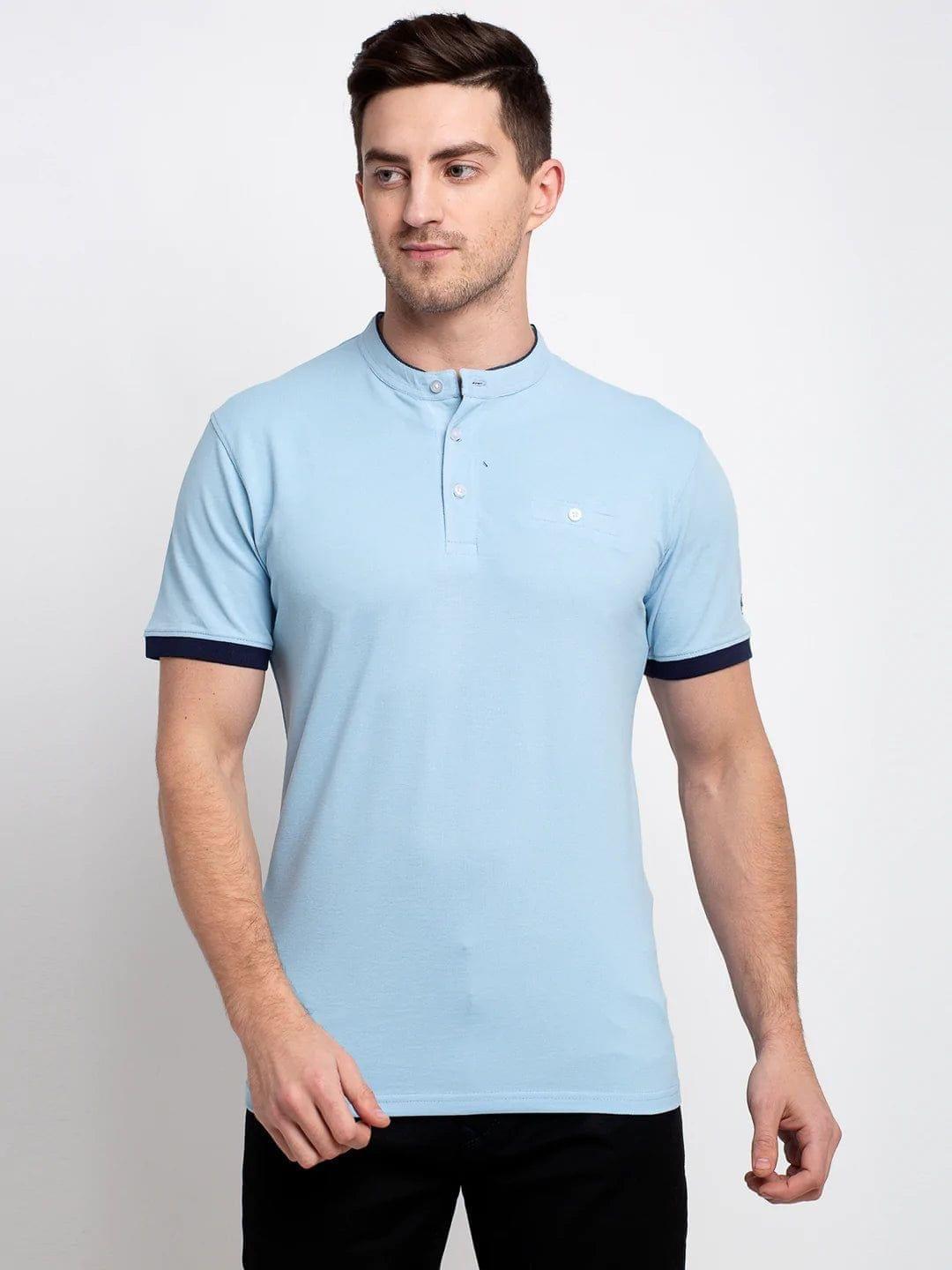 Rodamo  Men Blue Solid Henley Neck T-shirt