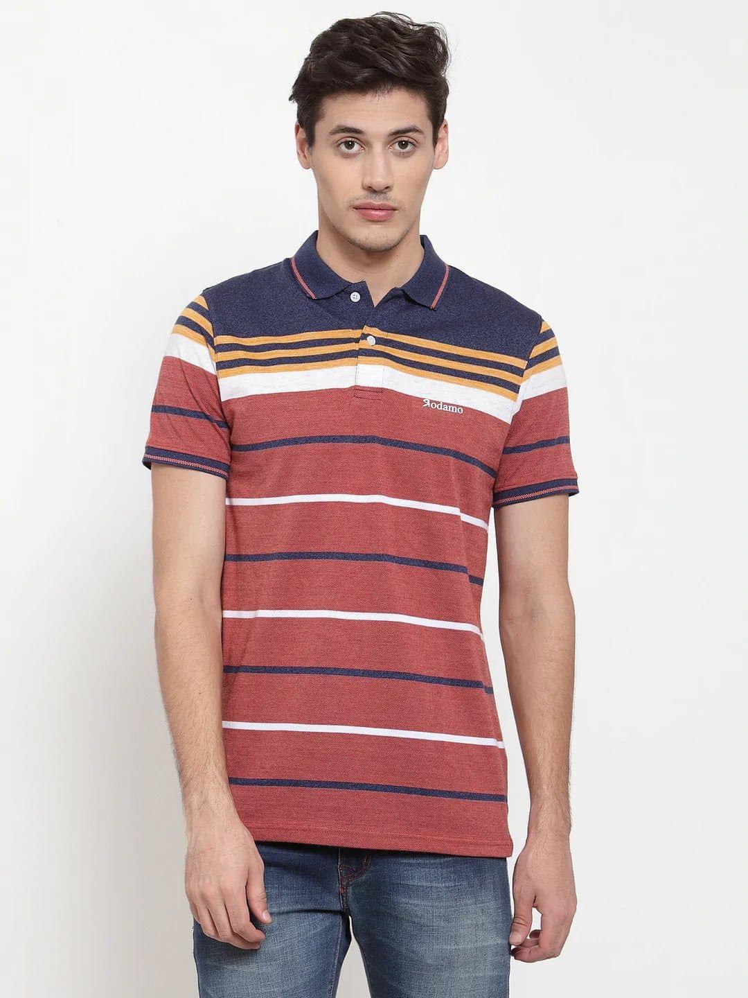 Rodamo Men Rust Red Striped Polo Collar T-shirt