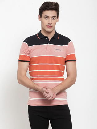 Rodamo Men Orange  Black Striped Polo Collar T-shirt