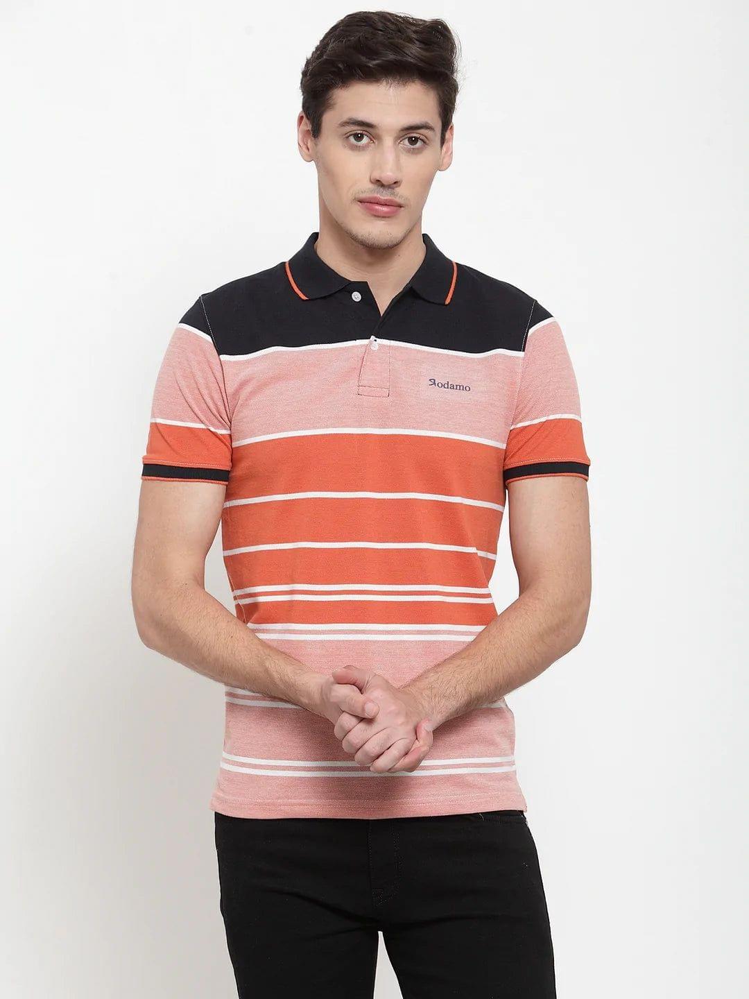 Rodamo Men Orange  Black Striped Polo Collar T-shirt