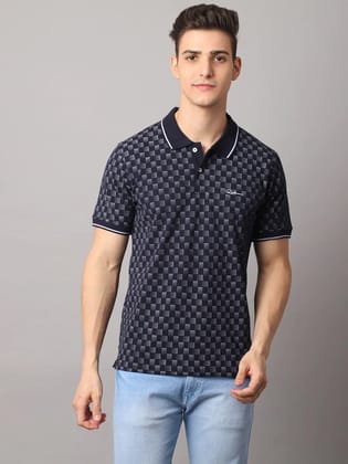 Rodamo  Men Navy Blue Printed Polo Collar Slim Fit Cotton T-shirt