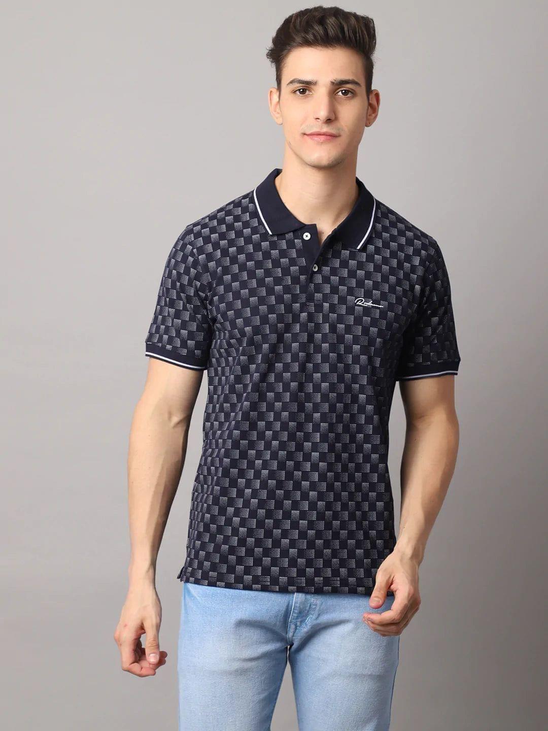 Rodamo  Men Navy Blue Printed Polo Collar Slim Fit Cotton T-shirt