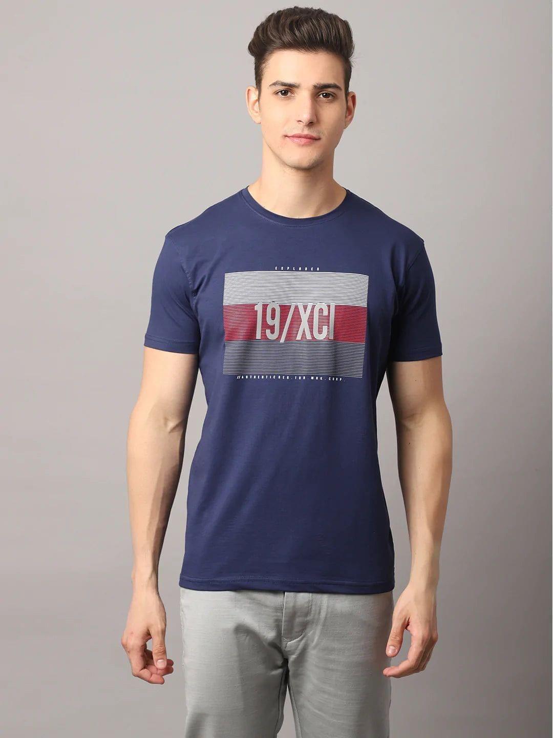 Rodamo  Men Navy Blue Typography Printed Applique Slim Fit T-shirt