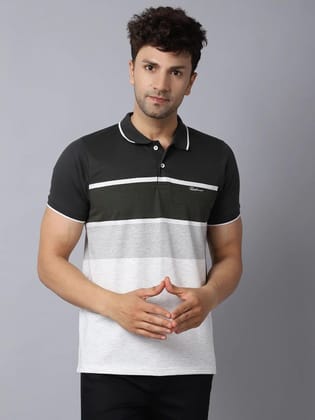 Rodamo  Men Black Striped Polo Collar Slim Fit T-shirt