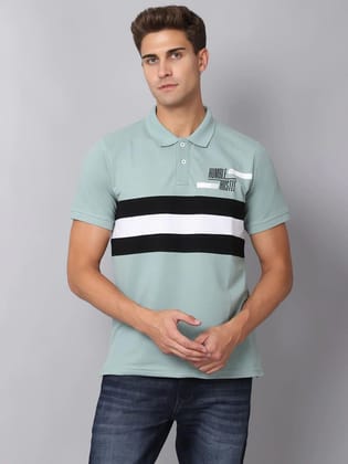 Rodamo  Men Multicoloured  misty blue Striped Polo Collar Applique Slim Fit T-shirt