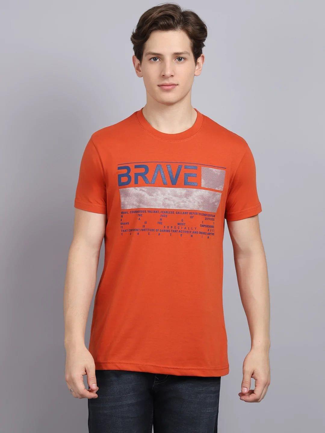 Rodamo  Men Peach-Coloured Typography Printed Applique Slim Fit T-shirt