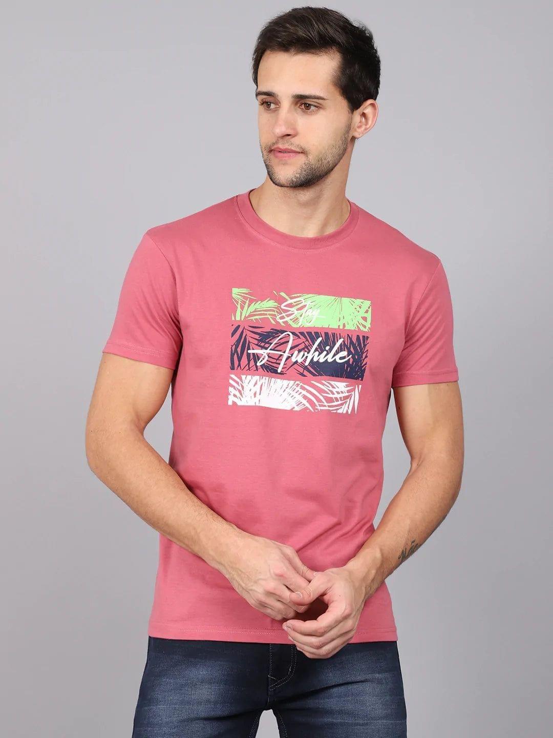 Rodamo  Men Pink  Green Typography Printed Slim Fit T-shirt