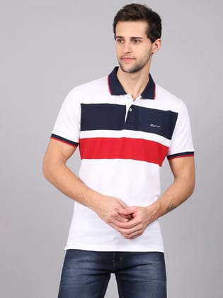 Rodamo  Men White  Navy Blue Striped Polo Collar Slim Fit T-shirt