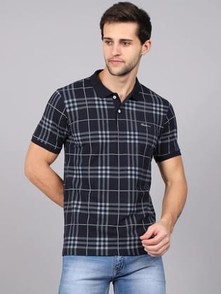 Rodamo  Men Blue Checked Polo Collar Slim Fit T-shirt