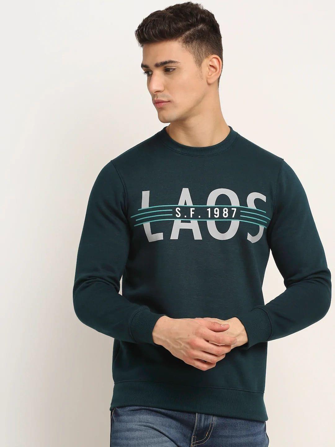 Rodamo  Men Teal Blue Printed Fleece Sweatshirt