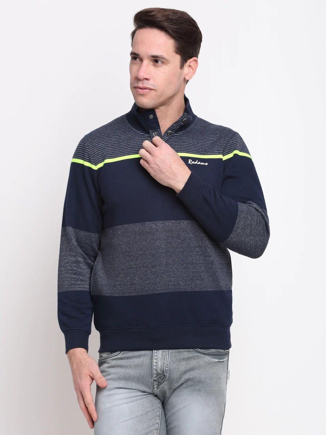 Rodamo Men Navy Blue  Grey Striped Sweatshirt