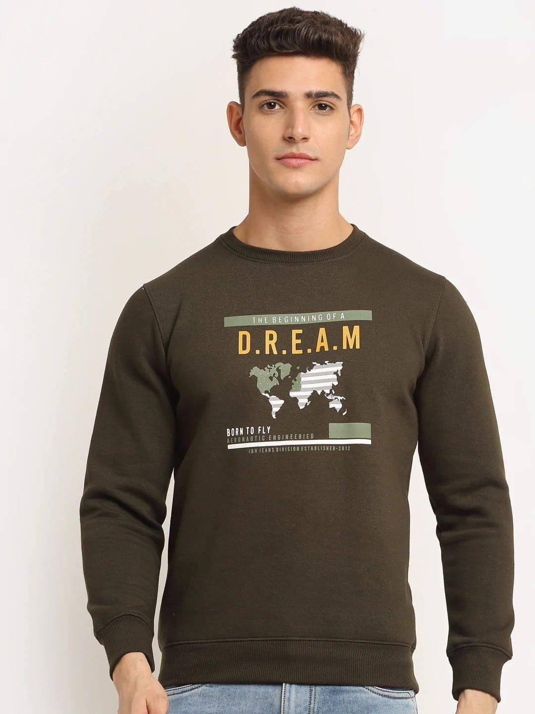 Rodamo Men Olive Green Printed Fleece Sweatshirt