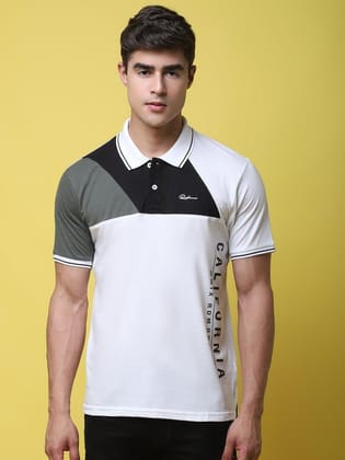 Rodamo Typography Printed Colourblocked Polo Collar Cotton Slim Fit T-shirt