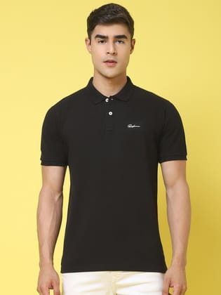 Rodamo Polo Collar Black Slim Fit Cotton T-Shirt