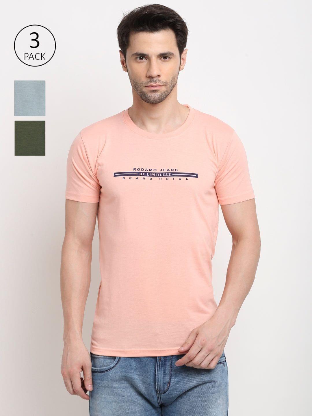 Rodamo Men Pink, Olive & Grey Pack of 3 Solid Cotton Lounge Tshirts