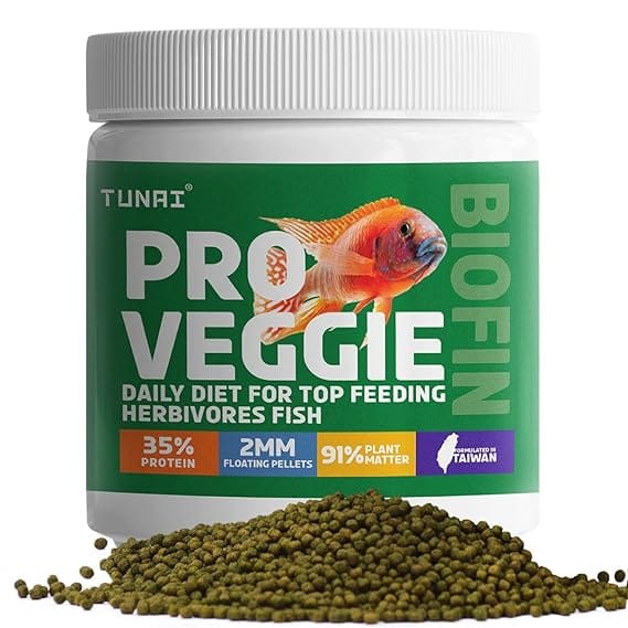 Tunai Pro Veg Fish Food for Cichlids |100g| 2MM - Pellets, 91% Plant Matter| Suitable for All Top Feeding Herbivores Fish Food