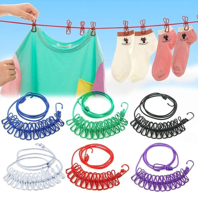 Buy Cloth Drying Rope with Hooks (Pack of 1) Elastic Cloth Hanging Rope for  Cloth Drying with 12 Clips Cloth Rope for Drying Clothes for Travel Home  Outdoor Kapde Sukhane ki Rassi