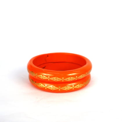 HM  Rajasthani Flowers Design  Work Lac Bangles Set - Orange (Pair 2)