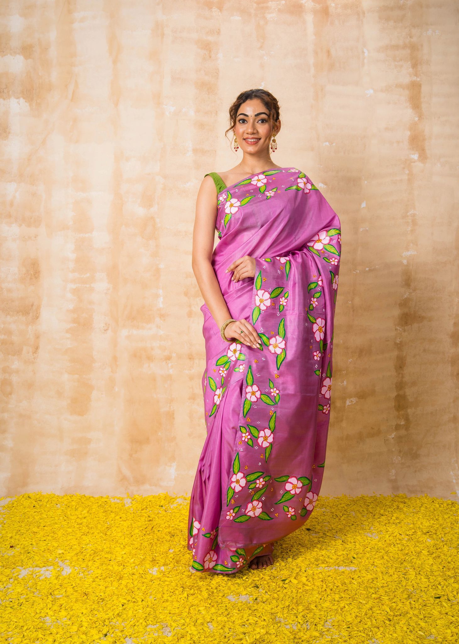 Tea Rose Pink & Green Floral Pattachitra Pure Silk Saree