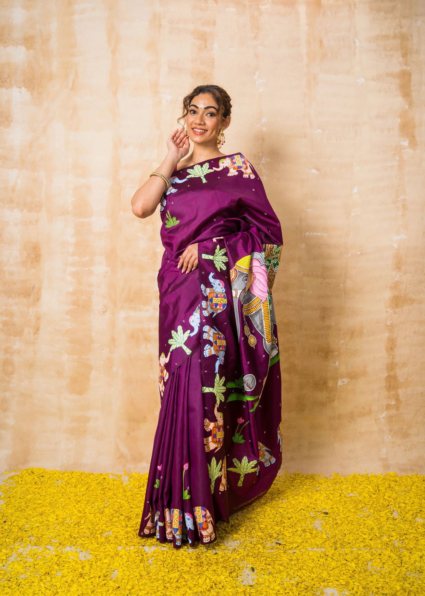 Dark Purple Traditional Elephant Pattachitra Pure Silk Saree