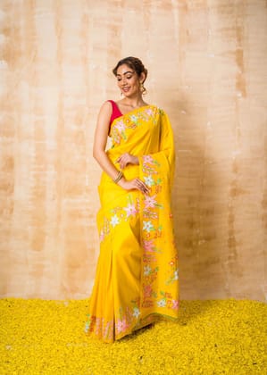 Golden Yellow Floral Pattachitra Pure Silk Saree