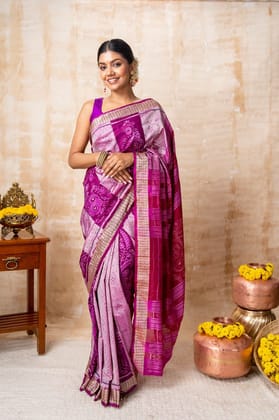 Onion Pink & Purple Peacock Silk Saree