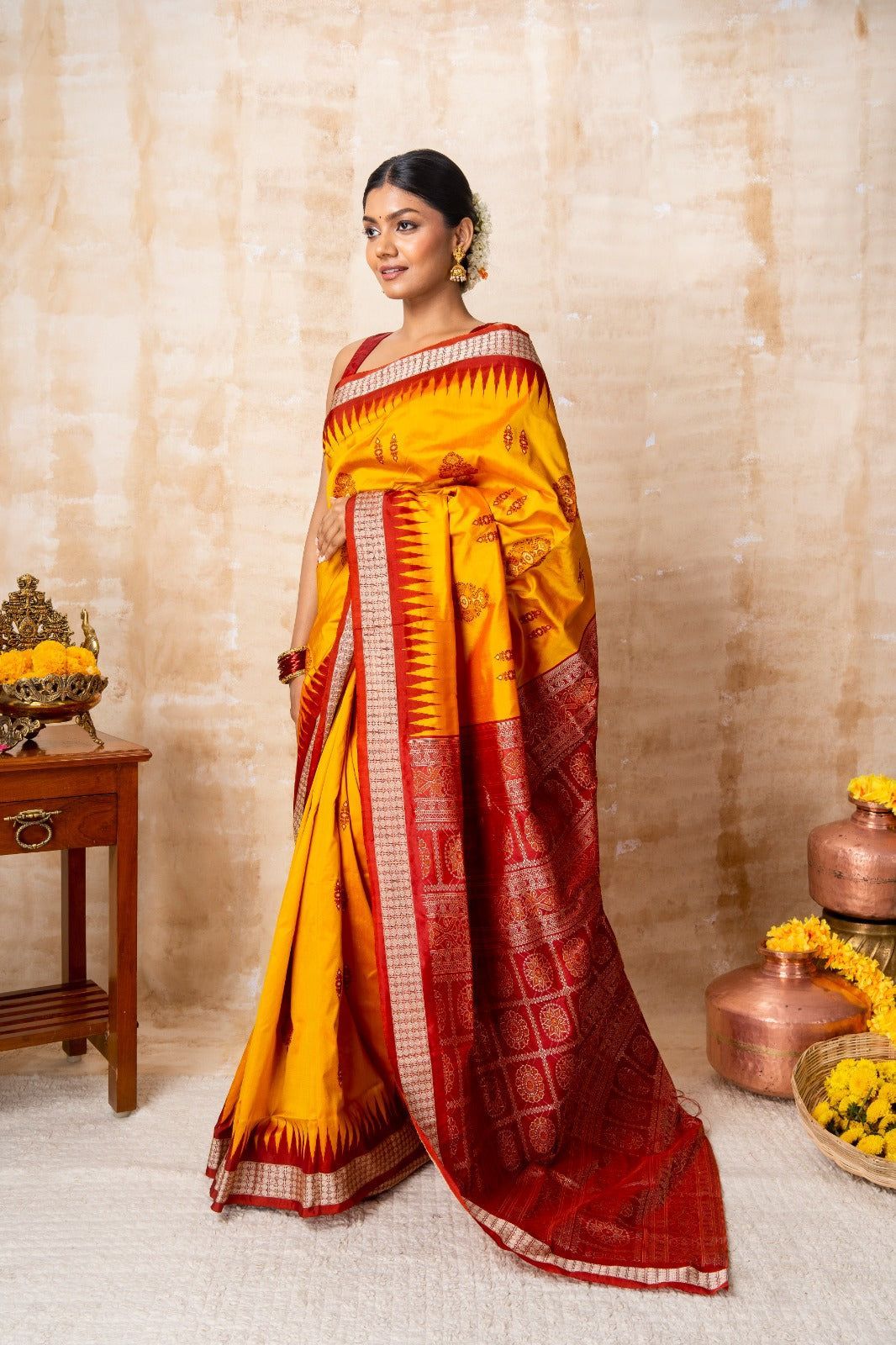 Kanadati Yellow & Red Silk Saree