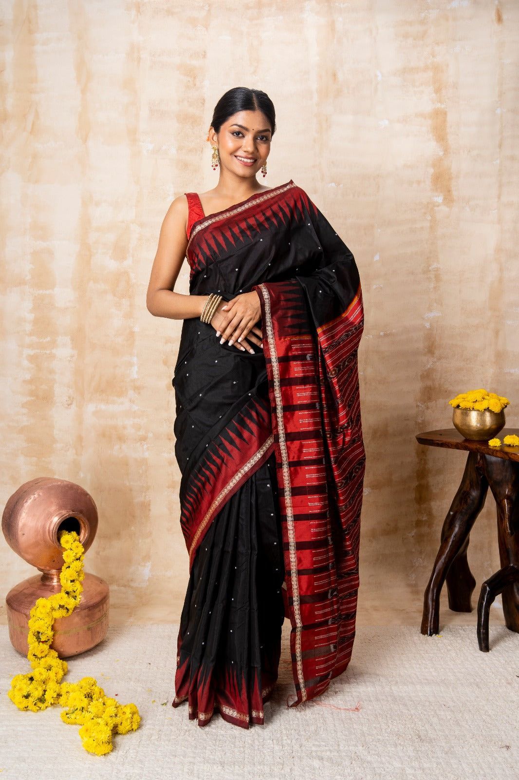 Black & Red Ikkat Silk Saree