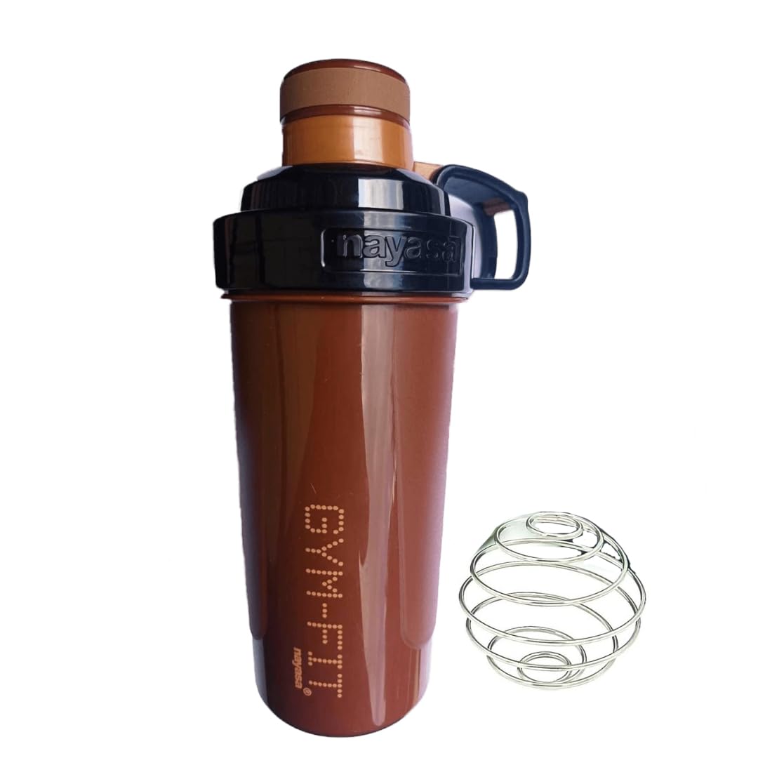 NAYASA Plastic Gym Shaker Bottle with Steel Blender Ball |Gym shaker bottle for men & women| 100% Anti-Leakproof Gym protein shaker for Post and Pre-Workout Drink,|(750ML,Set of 1,Brown)