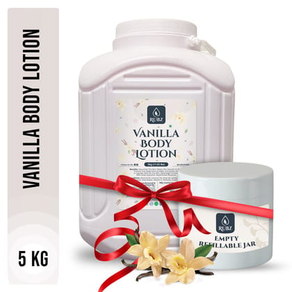 Rubz Vanilla Body Milk with goodness of Vanilla Extract 5 Kg | Bulk Body Lotion 5 Litre with Refillable 200g Plastic Jar | Best for Hotel, Spa, Salon