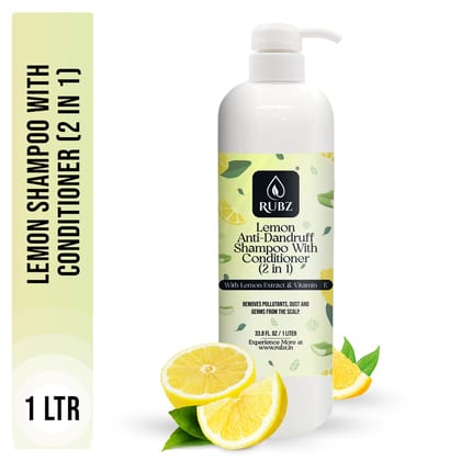 Rubz Lemon Anti-Dandruff Shampoo with Conditioner (2 in 1) | With the Goodness of Lemon Extract & Ginger Extract | For Itchy & Flaky Scalp | Sulphate & Paraben Free | For Women & Men | 1 Litre