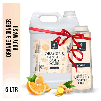 Rubz Orange & Ginger Body Wash Refill Pack 5L | Liquid Soap | Shower Gel | with Refillable 500 ml Plastic Bottle | Best for Hotel, Spa, Salon, Joint Family | SLS Free | Paraben Free