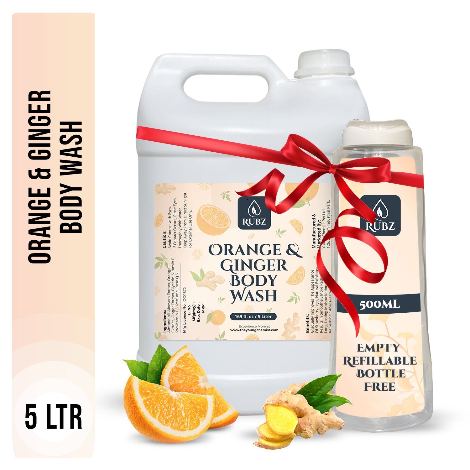 Rubz Orange & Ginger Body Wash Refill Pack 5L | Liquid Soap | Shower Gel | with Refillable 500 ml Plastic Bottle | Best for Hotel, Spa, Salon, Joint Family | SLS Free | Paraben Free