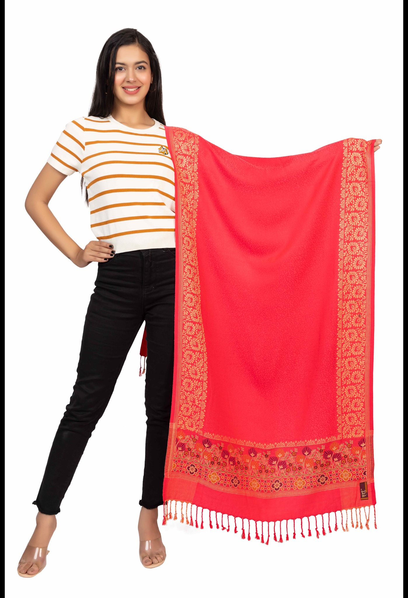 KTI Acrylic/ Viscose Stole for women with a Wool Blend for Winter in Red, measuring 28 x 80 inches, with the assigned Art No. 2919. Red Made In India.