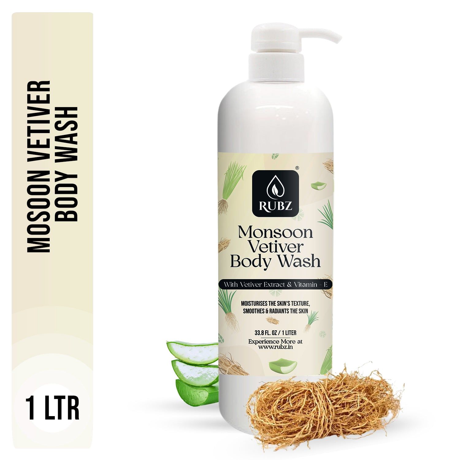 Rubz Monsoon Vetiver Body wash | Enriched With Glycerin & Long Lasting Fragrance | Soap-Free Body Wash For Women And Men | Paraben Free | SLS Free | 1 Litre