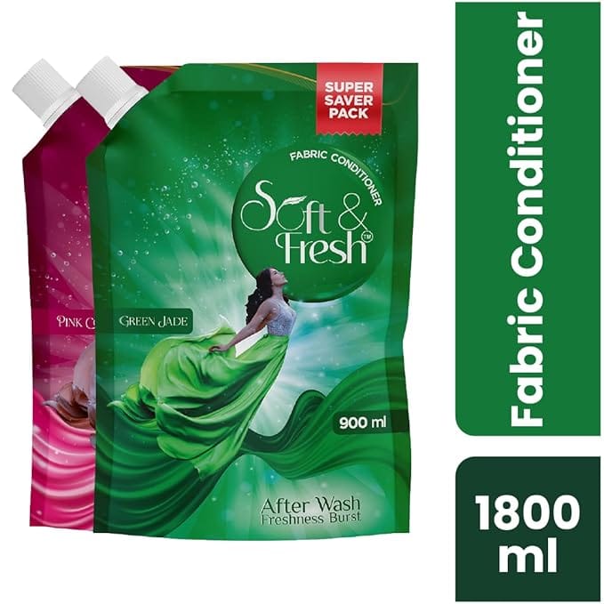 Soft & Fresh combo Pack of Green Jade & Pink Coral 2X900ml, best fabric conditioner softener increase freshness and softness 900ml refill pouch Pack of 2