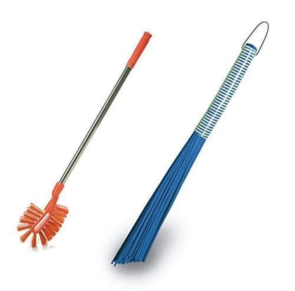 Vimal Steelo (Maxclean - Long Handle) Toilet Cleaning Brush + Kharata 24 (Extra Long & Heavy Duty) Plastic Broom Combo Set