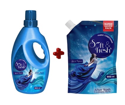 Soft & Fresh Blue Wave Fabric Conditioner Combo [Bottle + Pouch] (850ml+900ml) increase freshness and softness