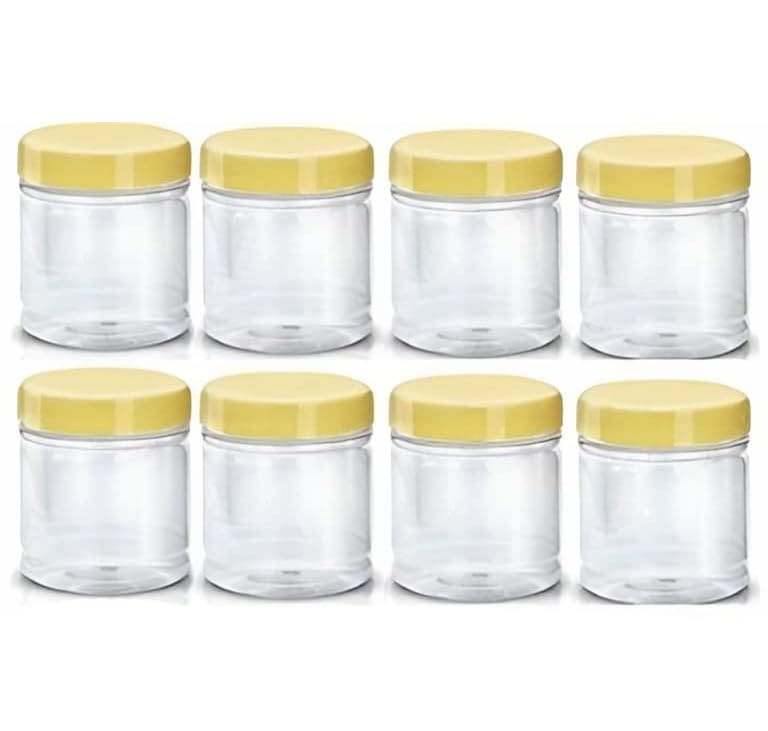 MANNAT  Round Plastic Jar Storage Containers For Kitchen,Aachar Pickle,Dal,Dry Fruits,Masala,Spices,Grocery,Grains Storage-50ml,(Set of 8)